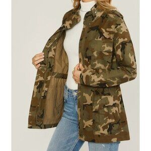 Camouflage Jacket Womens M Brown Tone Utility‎ Army Zip Up Snap Buttons